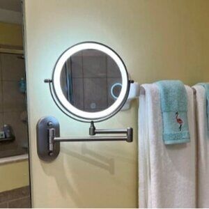 Rechargeable Wall Mounted Lighted Makeup Vanity Mirror 8 Inch Double Sided 1X 10